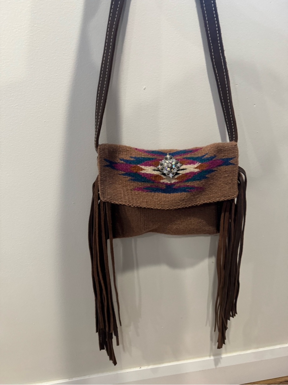 Southwestern Woven Wool Blanket Fringe Crossbody Bag with Rhinestone Concho